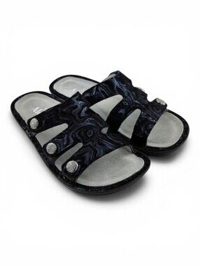Alegria Venice Slickery Black Blue Leather 3 Strap Slide Sandal 35